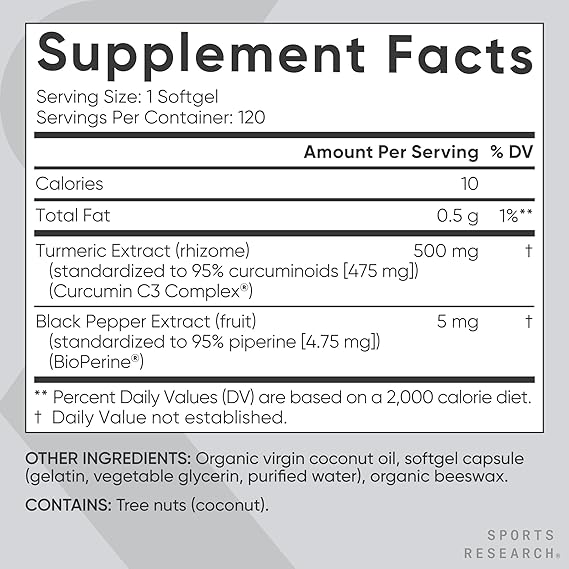 Sports Research® Turmeric Curcumin C3 Complex® w/BioPerine Black Pepper Extract & Organic Coconut Oil - Standardized 95% Curcuminoids · Non-GMO · Gluten Free - 120 Count Softgels - Image 2