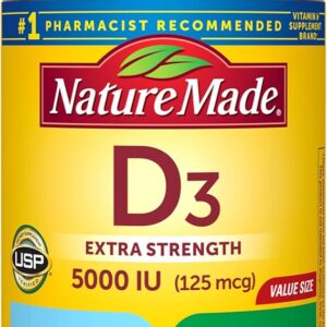 Nature Made Vitamin D3 5000 IU (125 mcg) Softgels, Extra Strength Vitamin D Supplement for Bone and Immune Health Support, 180 Count, 180 Day Supply