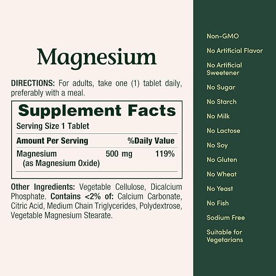 Nature's Bounty Magnesium 500 mg Tablets, High Potency Magnesium Supplement for Bone & Muscle Health, Whole Body Support, 200 Count (Pack of 1) - Image 5