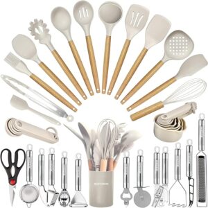 Kitchen Utensils Set- 35 PCs Cooking Utensils with Grater,Tongs, Spoon Spatula &Turner Made of Heat Resistant Food Grade Silicone and Wooden Handles Kitchen Gadgets Tools Set for Nonstick Cookware